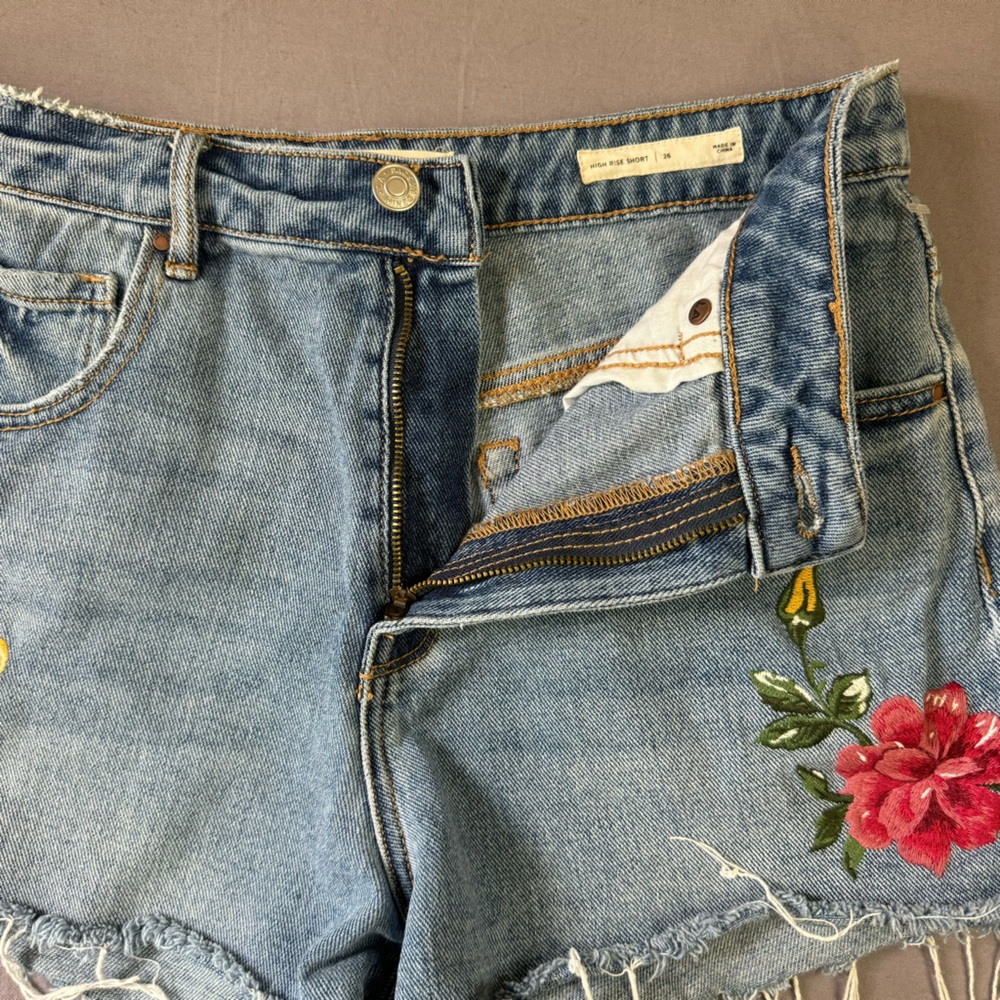 Pacsun shorts women 26 100% cotton embroidered floral high rise denim blue - Picture 4 of 11